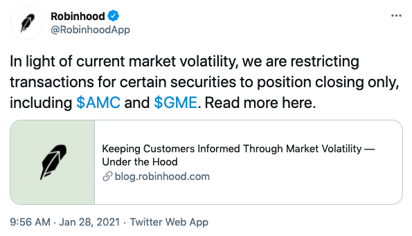 Robinhood restores GameStop and AMC stocks after it restricted