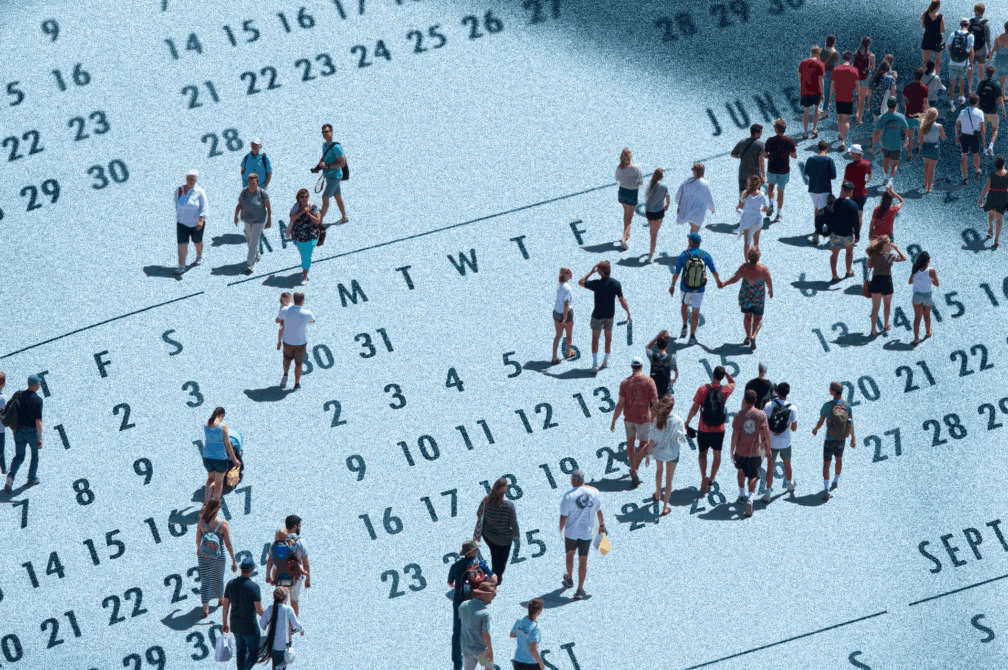 An illustration of a crowd of people walking over the surface of a calendar