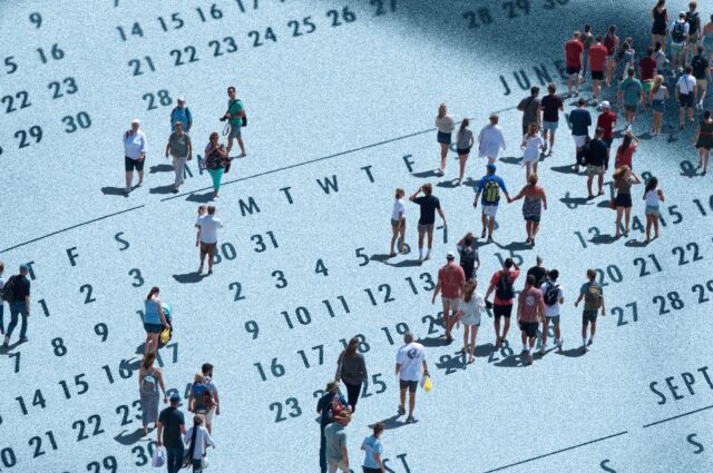 An illustration of a crowd of people walking over the surface of a calendar