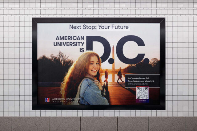 An American University ad in a public transit setting