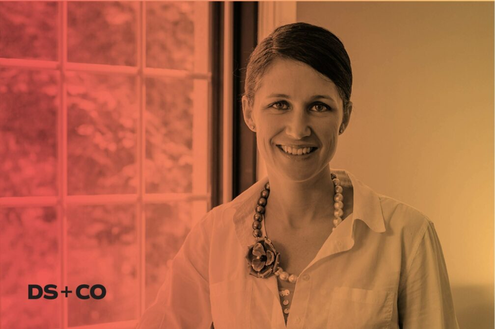 Jessica Savage with red to yellow gradient and a DSCO logo