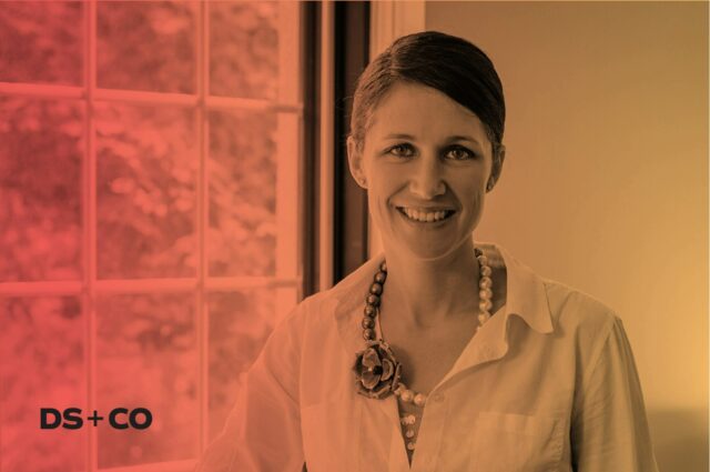 Jessica Savage with red to yellow gradient and a DSCO logo