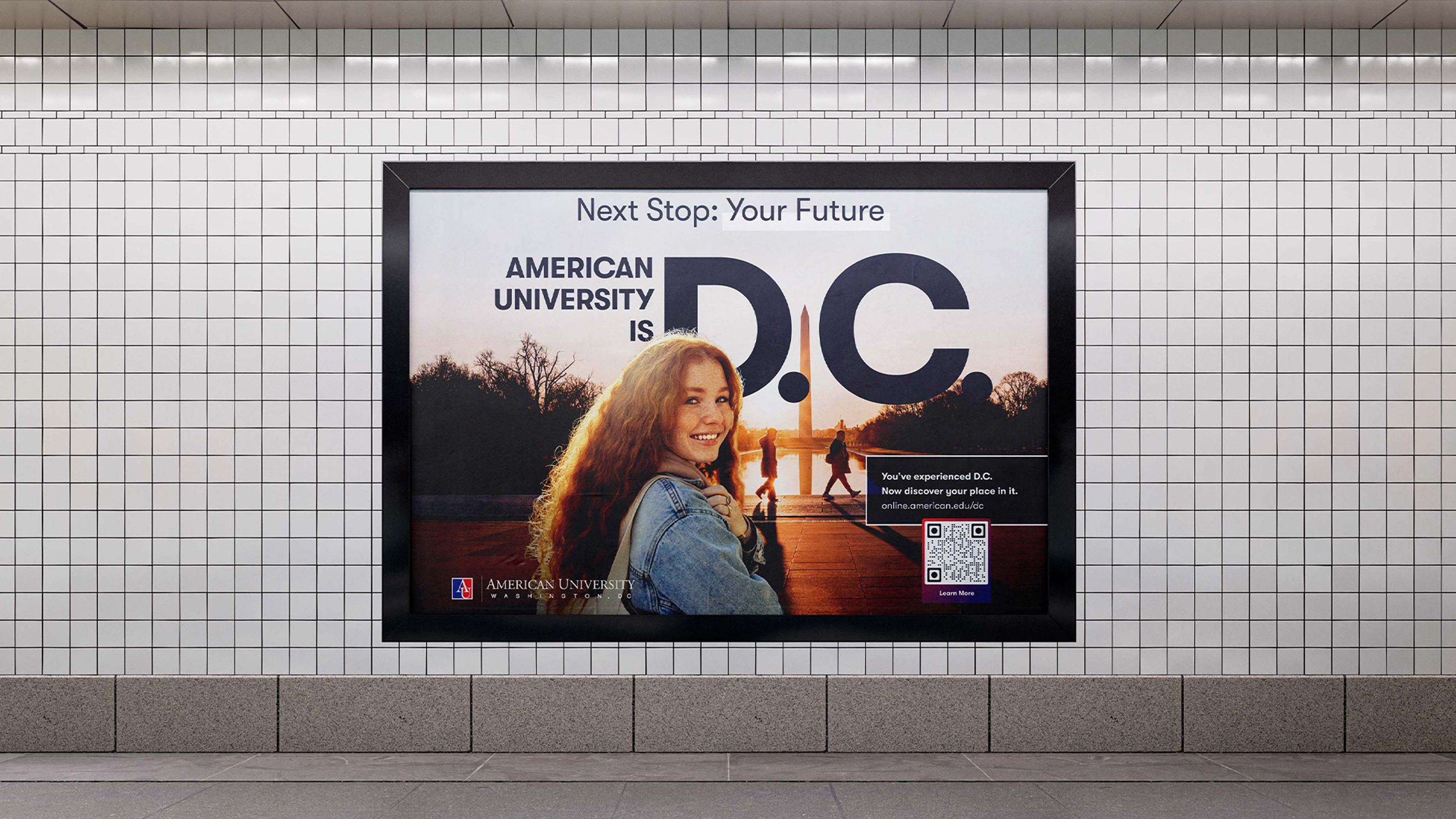 An American University advertisement in a public transit setting