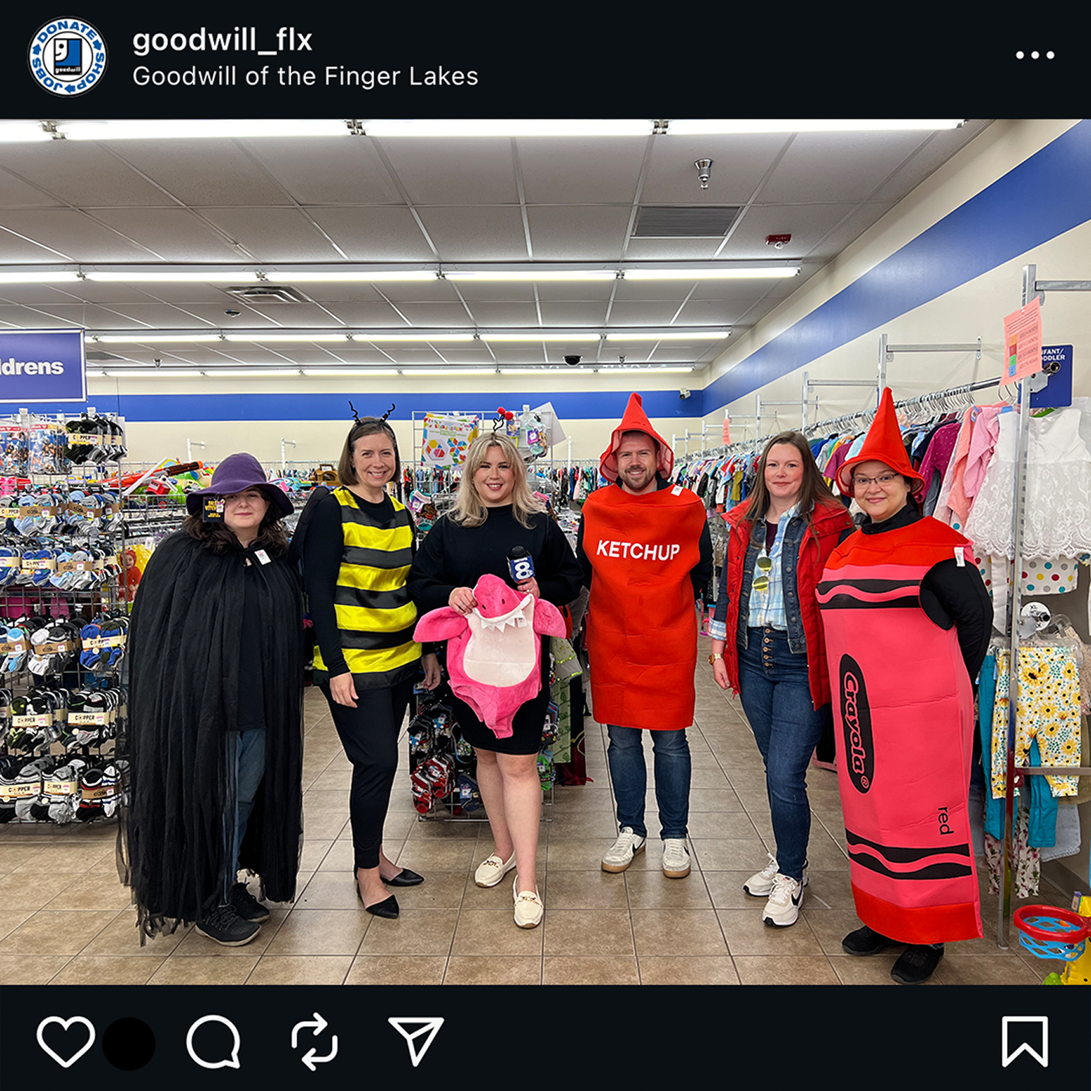 An Instagram post from Goodwill of the Finger Lakes featuring people in Halloween costumes