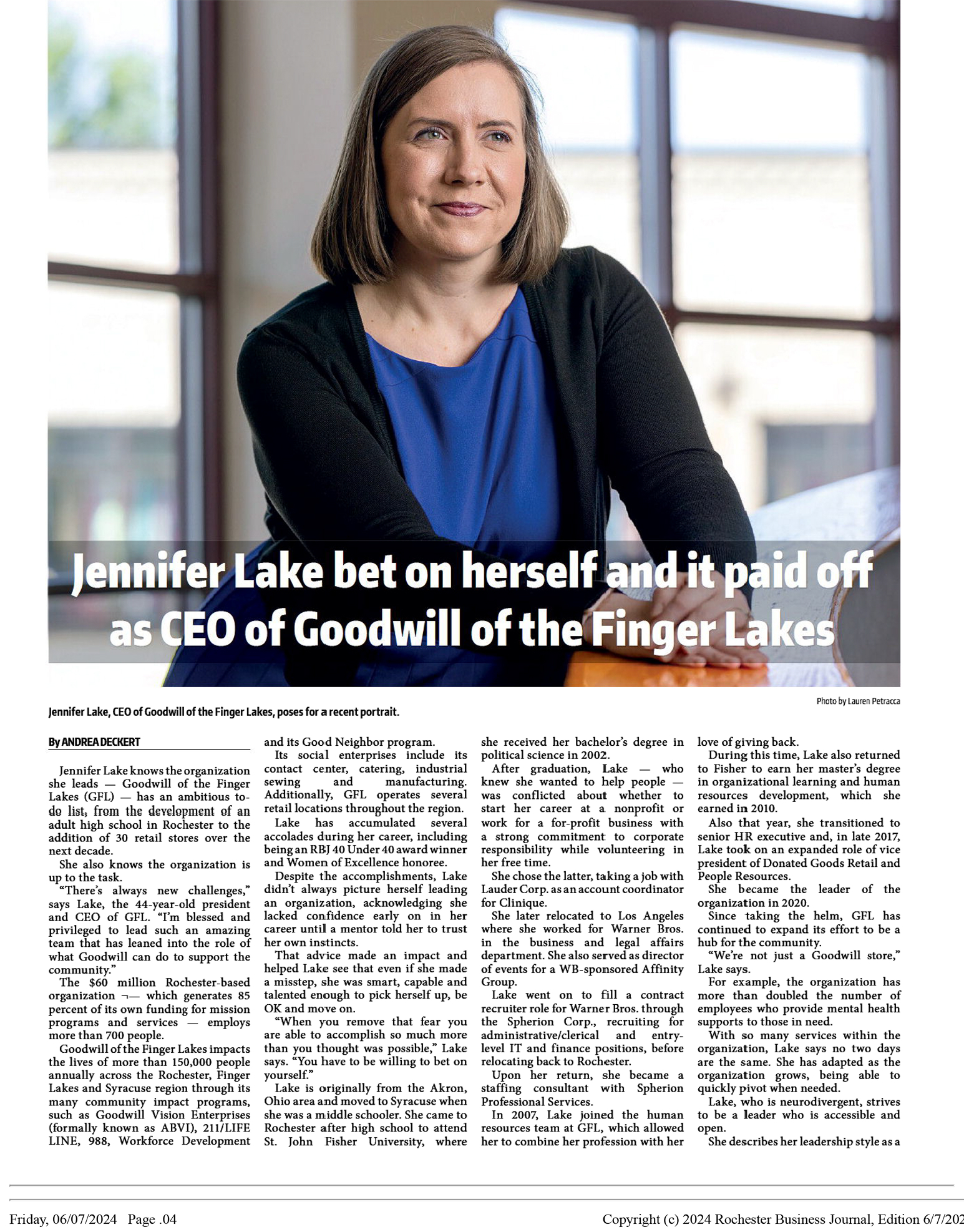 An article featuring Goodwill of the Finger Lakes CEO, Jennifer Lake