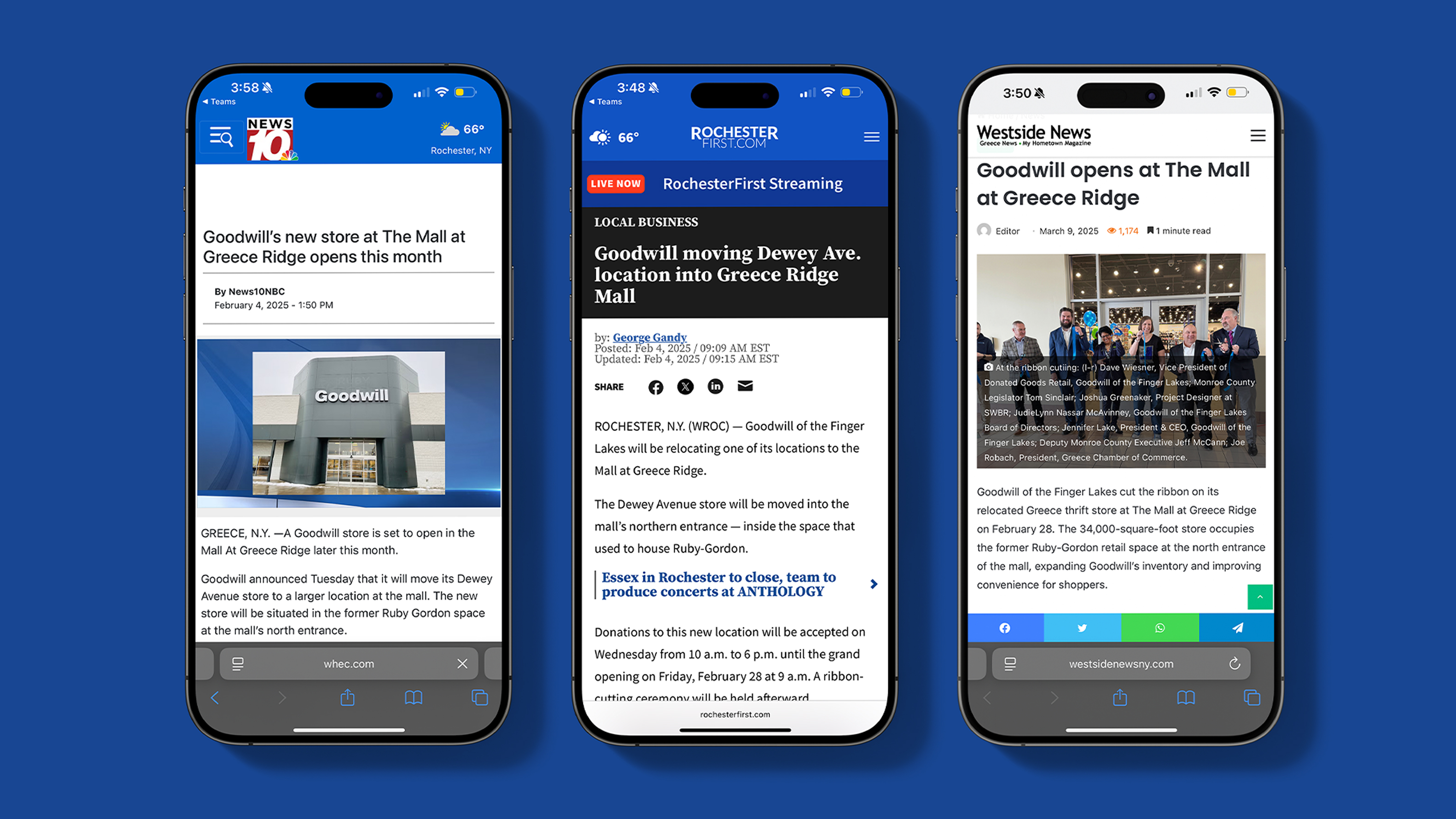 Local news stories about Goodwill of the Finger Lakes presented on mobile phone screens