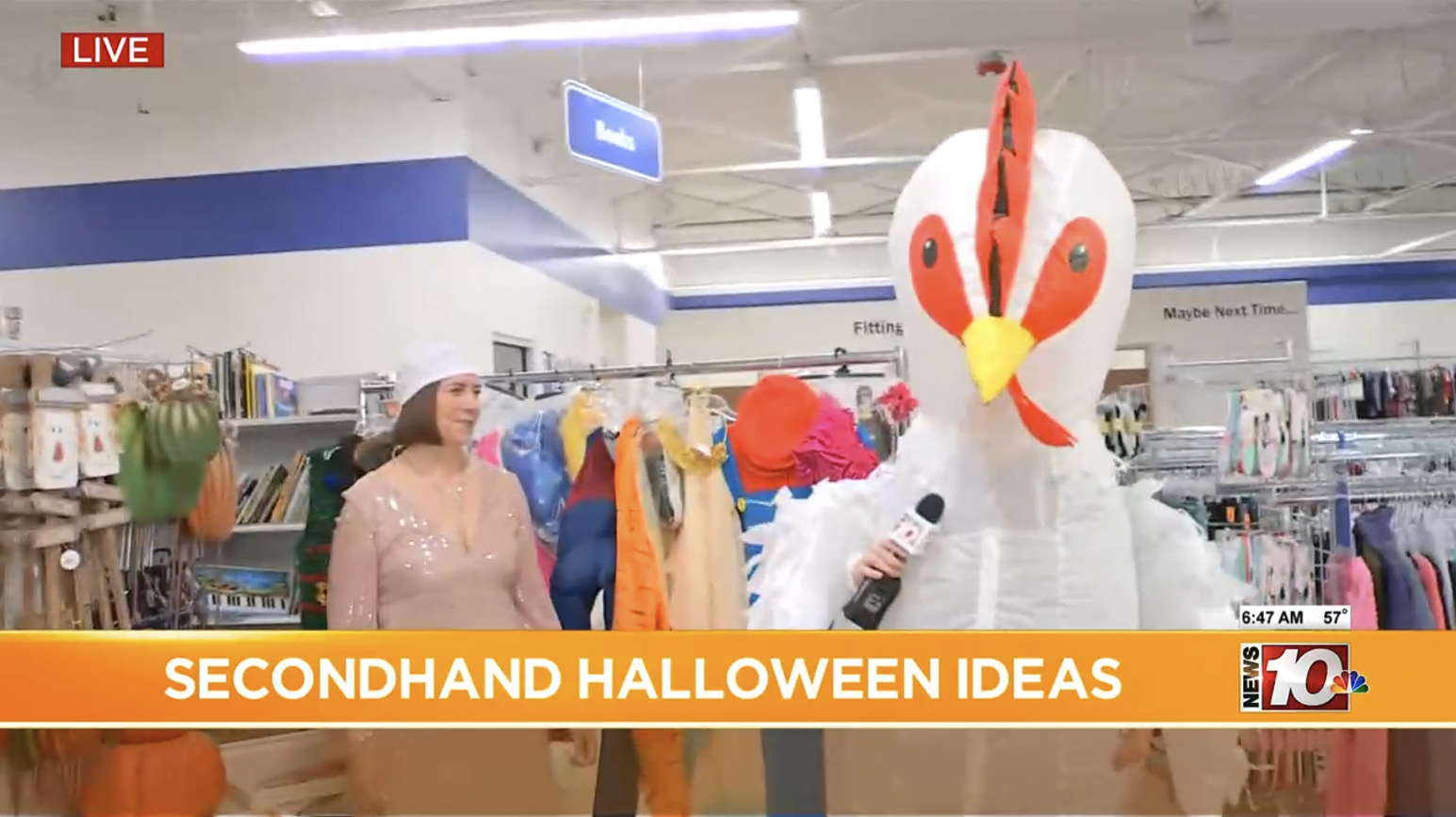 A frame from a local news story about Goodwill of the Finger Lakes including a reporter in a Halloween costume