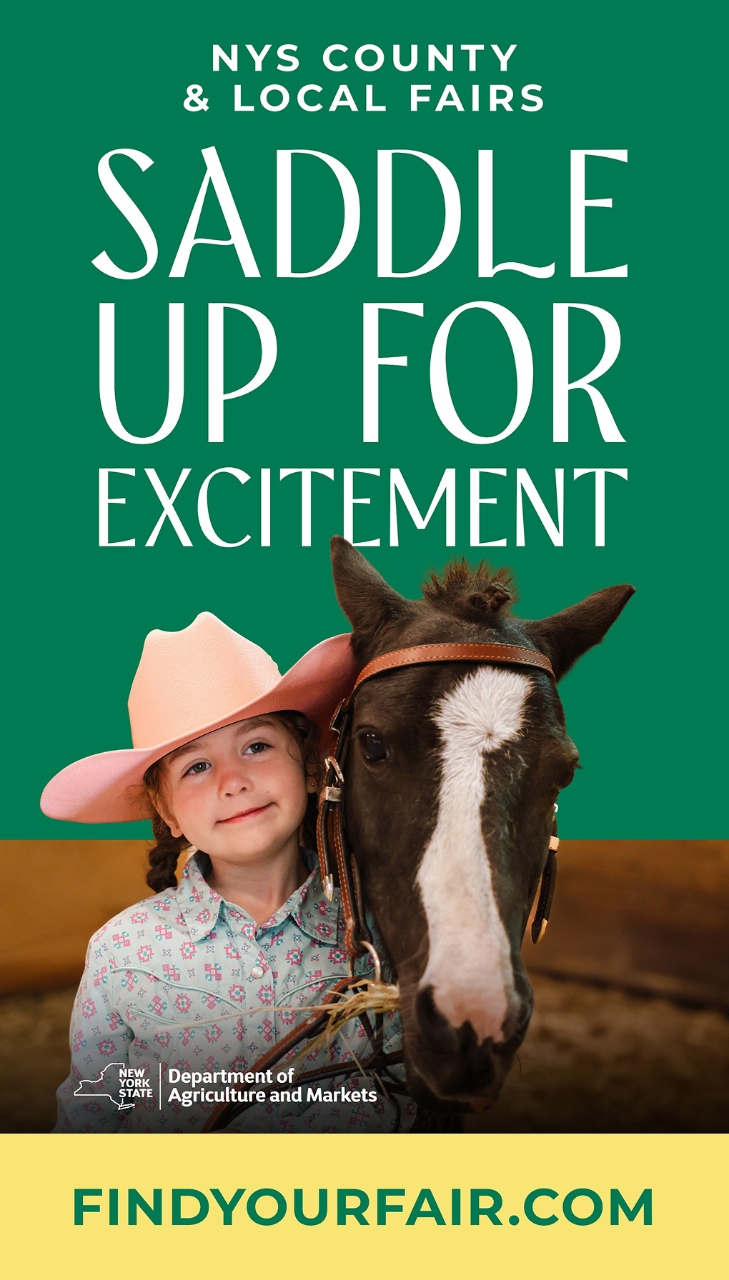 A banner ad for the NYS County & Local Fairs featuring a child and a horse